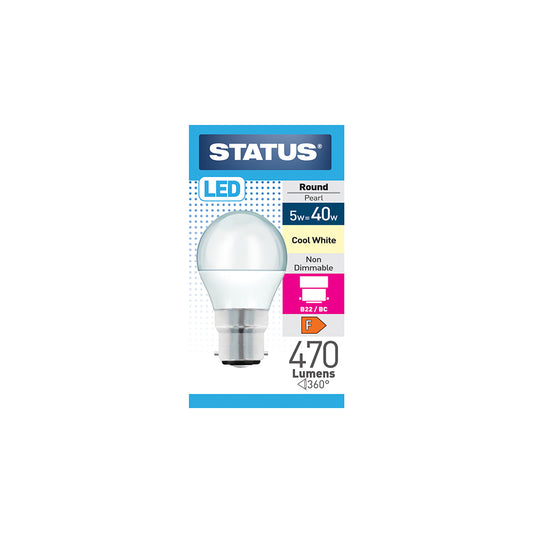 5w = 40w = 470 lumens - LED - Round - B22 - PA - Pearl - Cool White - 1 pk box - in White CDU