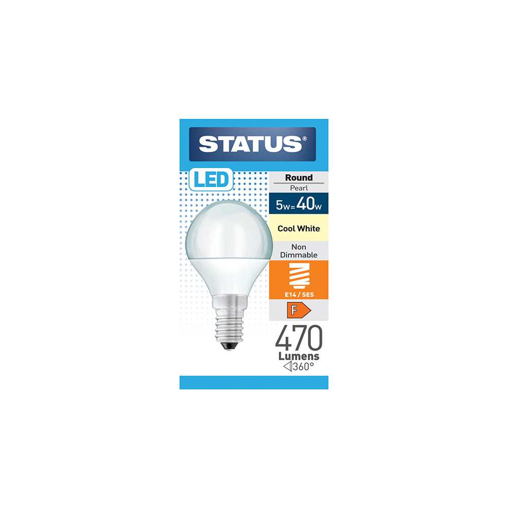 5w = 40w = 470 lumens - LED - Round - E14 - PA - Pearl - Cool White - 1 pk box - in White CDU
