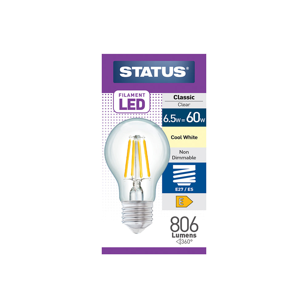 6.5w = 60w = 806 lumens - Filament LED - A60 GLS - ES - Clear - Cool White - 1 pk box - in White CDU