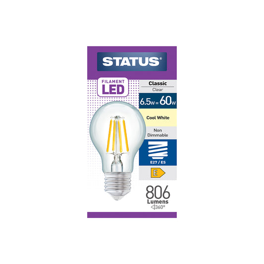 6.5w = 60w = 806 lumens - Filament LED - A60 GLS - ES - Clear - Cool White - 1 pk box - in White CDU