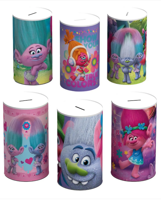 6 Assorted Style Trolls Money Tin 145mm x 110mm
