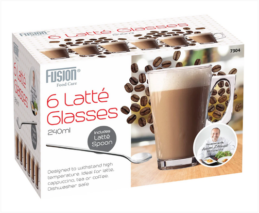 6 Pack Latte Glasses 240ml With Latte Spoon