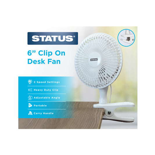 6" White Clip On Fan - 2 Speed Settings - 1 pk - in Glossy Retail Box - 4pcs per outer box