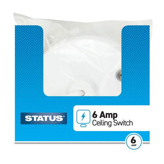 6 amp - Ceiling Switch - Pull Cord - 2 way - White - 1 pk - in Poly Bag - in Colour CDU