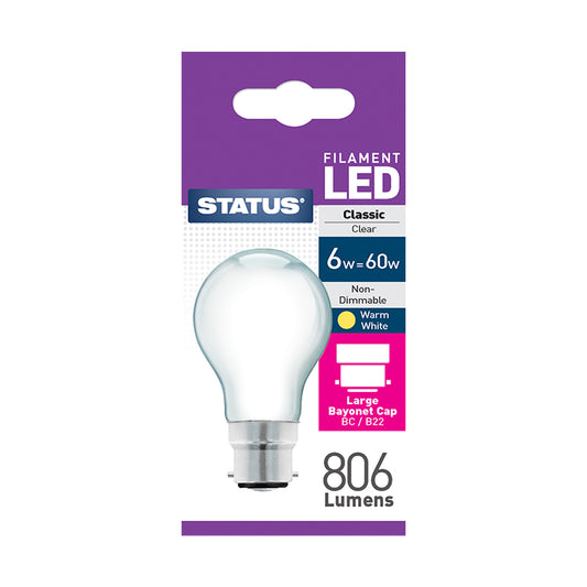 6w = 60w = 806 lumens - Filament LED - A60 GLS - BC - Pearl - Warm White - 1 pk box - in White CDU