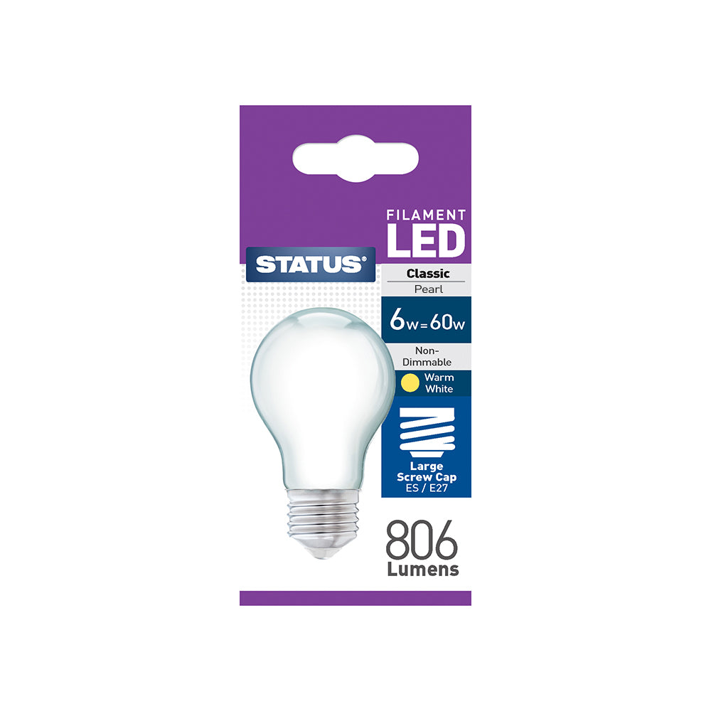 6w = 60w = 806 lumens - Filament LED - A60 GLS - ES - Pearl - Warm White - 1 pk box - in White CDU