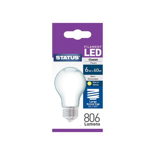 6w = 60w = 806 lumens - Filament LED - A60 GLS - ES - Pearl - Warm White - 1 pk box - in White CDU