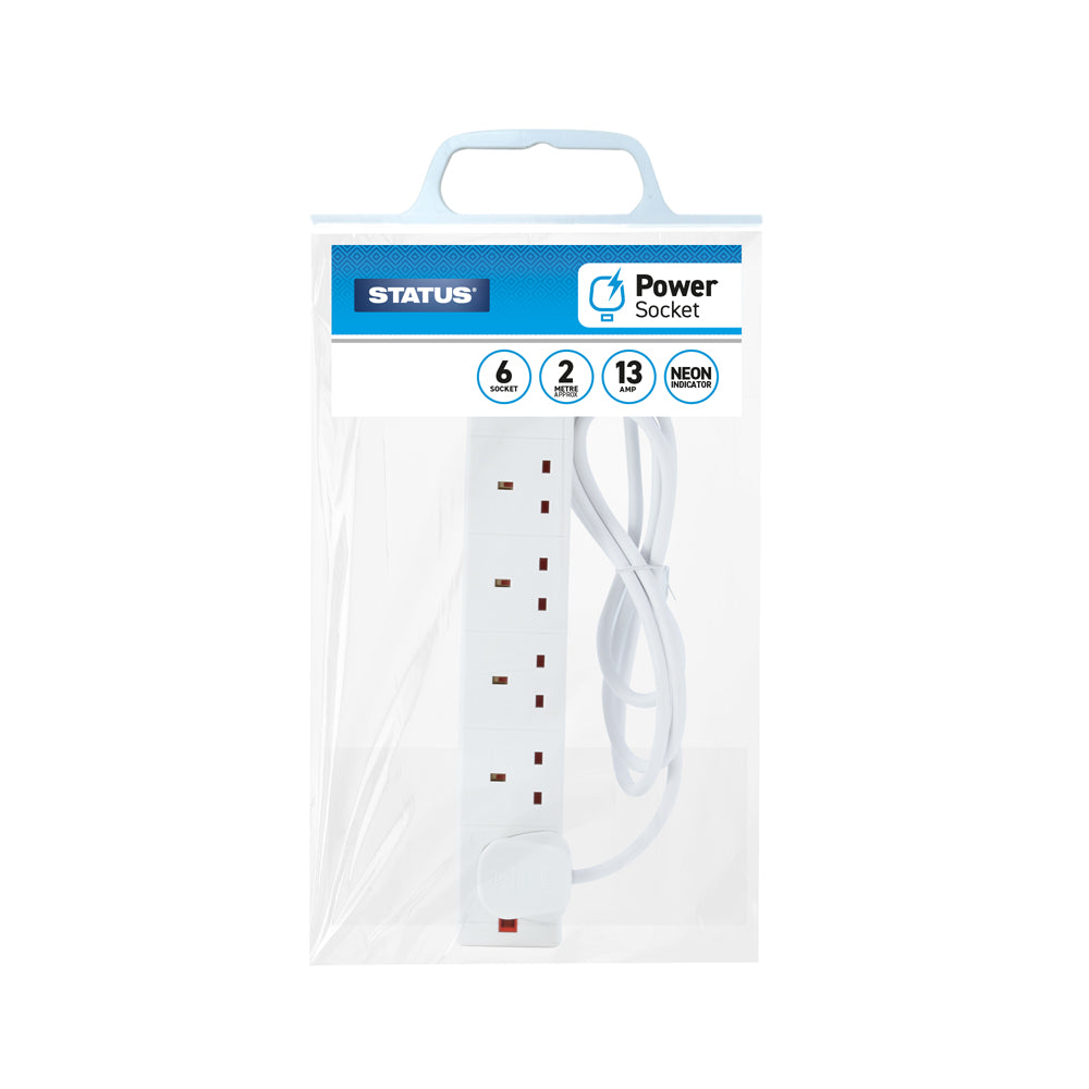 6 way - 2 Mtr - Extension Socket - White - Neon Indicator - Plug - 1 pk - in Poly Bag with Handle