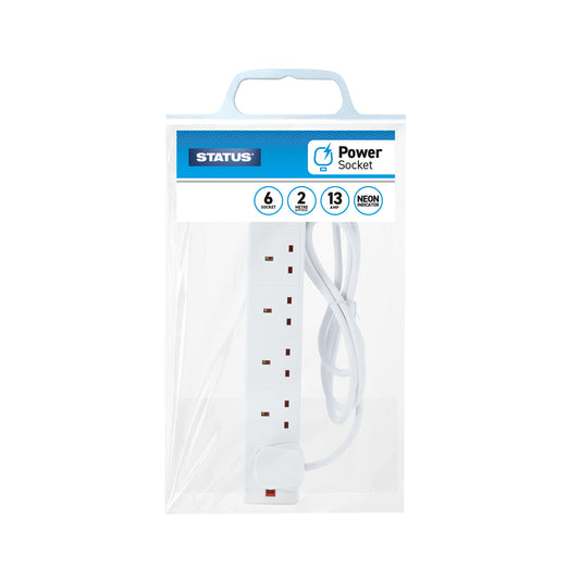 6 way - 2 Mtr - Extension Socket - White - Neon Indicator - Plug - 1 pk - in Poly Bag with Handle