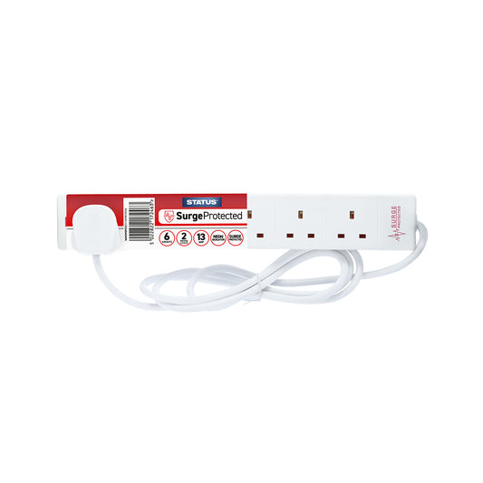 6 way - 2 Mtr - Surge Protected - Extension Socket - White - Neon Indicator - Plug - 1 pk - Card Insert - in Colour CDU