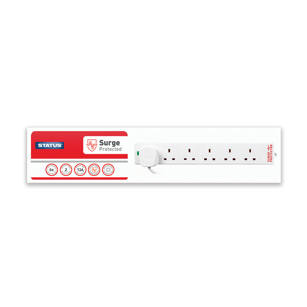 6 way - 2 Mtr - Surge Protected - Extension Socket - White - Neon Indicator - Plug - 1 pk - in Glossy Retail Box - in Colour CDU