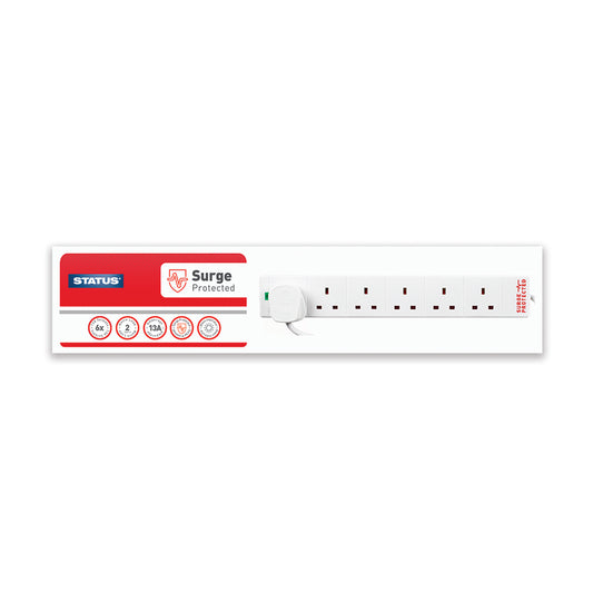 6 way - 2 Mtr - Surge Protected - Extension Socket - White - Neon Indicator - Plug - 1 pk - in Glossy Retail Box - in Colour CDU