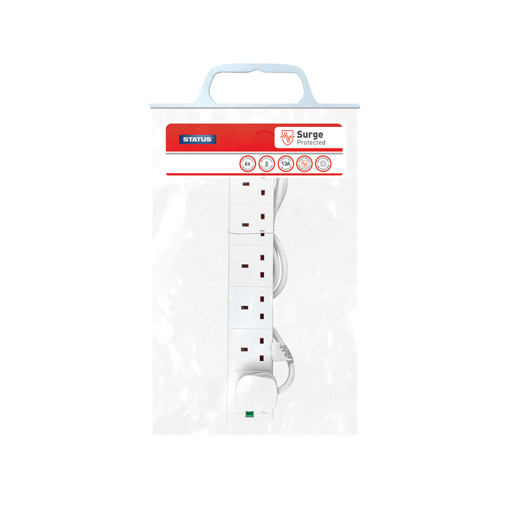6 way - 2 Mtr - Surge Protected - Extension Socket - White - Neon Indicator - Plug - 1 pk - in Poly Bag with Handle