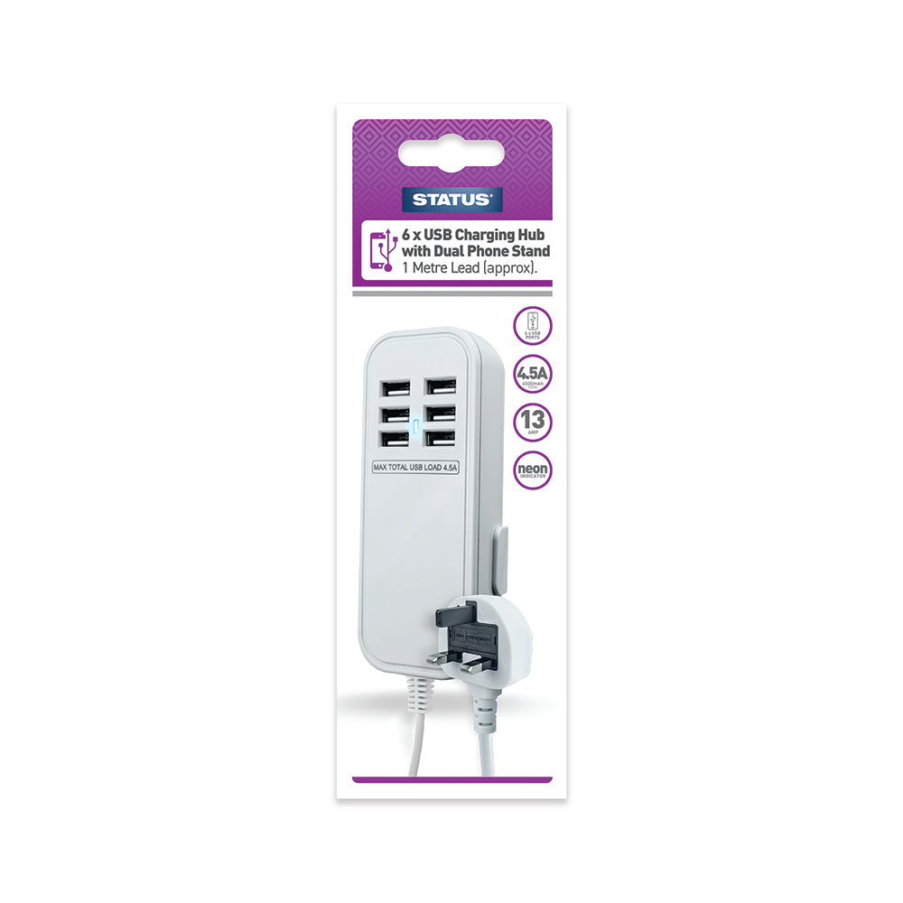 6 x USB Charging Hub - 6 x USB White (4.5 amp) - 1 Mtr Lead Approx - White - 1pk Box