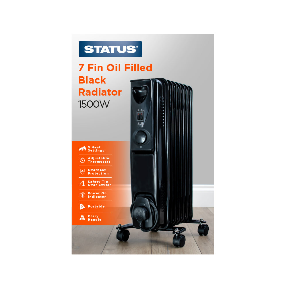 7 Fin - Oil Filled Radiator - 1500w - Black - 3 Heat Settings - with Adjustable Thermostat - 1 pk - in Glossy Retail Box