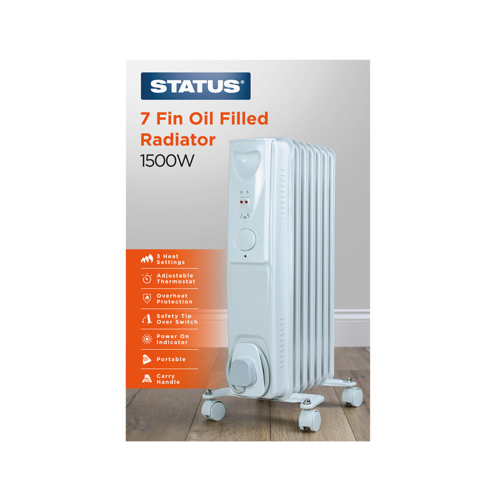 7 Fin - Oil Filled Radiator - 1500w - White - 3 Heat Settings - with Adjustable Thermostat - 1 pk - in Glossy Retail Box