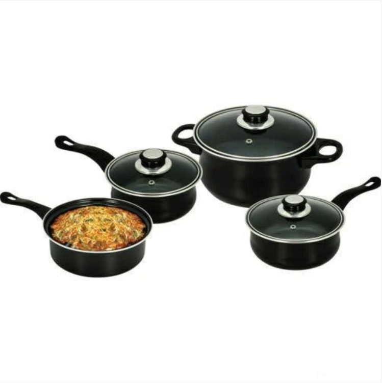 7Pc Cookware Pan Set Carbon Steel Non Stick Glass Lid
