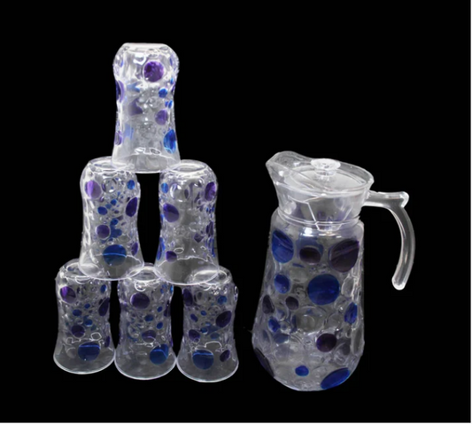 7 Piece Glassware Set Water Jug and 6 Glasses Tumblers Coloured Effect Glass