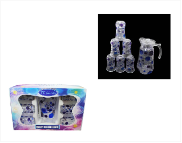 7 Piece Glassware Set Water Jug and 6 Glasses Tumblers Coloured Effect Glass