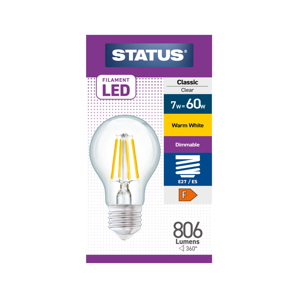 7w = 60w = 806 lumens - Dimmable - Filament LED - GLS - ES - Clear - Warm White - 1 pk box - in White CDU