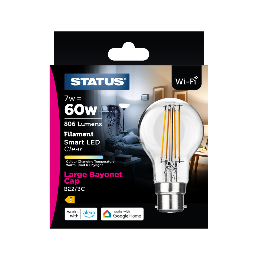 7w = 60w = 806 lumens - Filament - Smart - A60 GLS - B22 - Clear - Colour Changing Temperature - 1 pk box