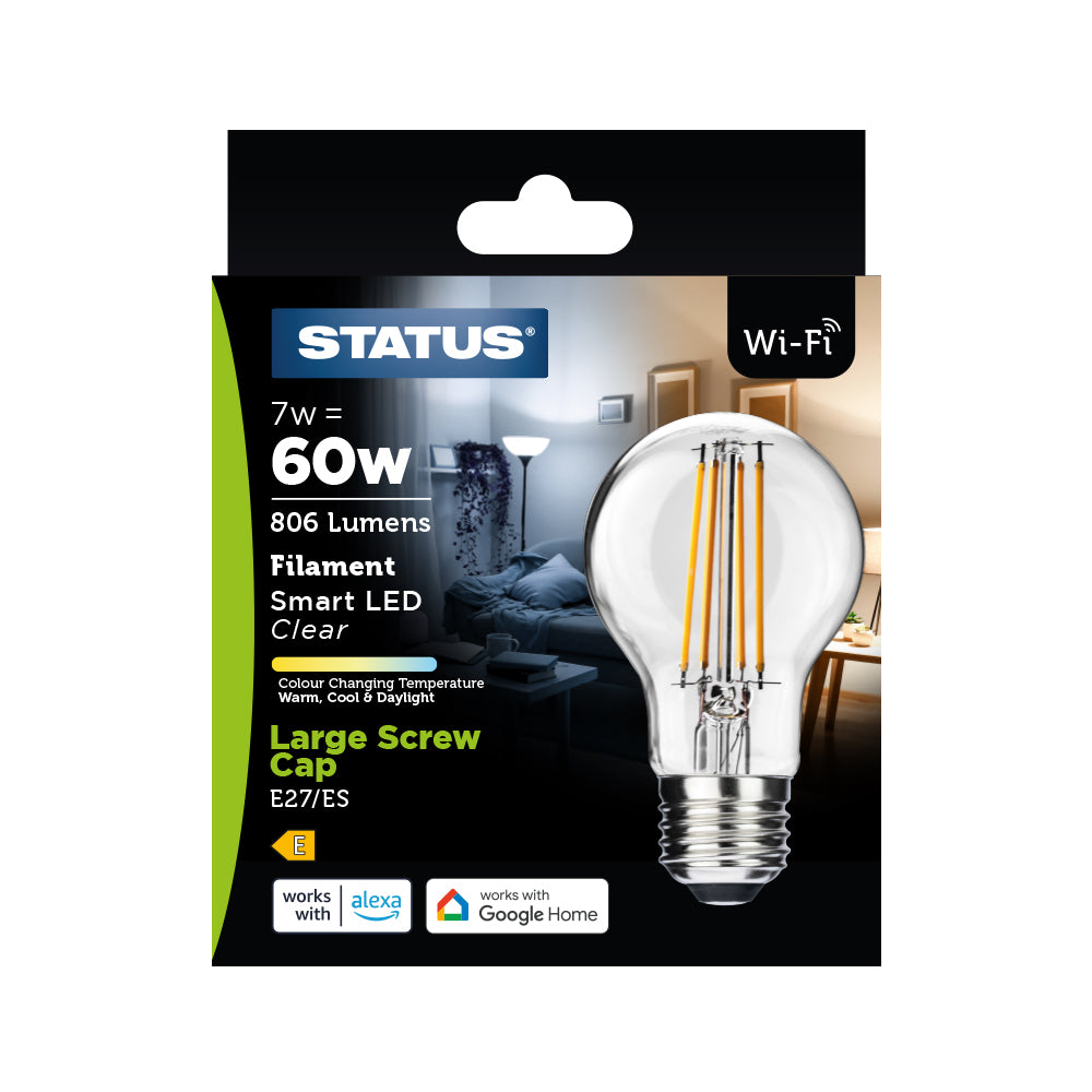 7w = 60w = 806 lumens - Filament - Smart - A60 GLS - ES - Clear - Colour Changing Temperature - 1 pk box