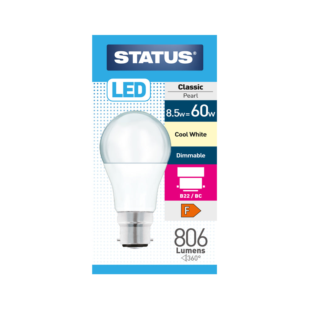 8.5w = 60w = 806 lumens - Dimmable LED - GLS - B22 - PA - Pearl - Cool White - 1 pk box - in White CDU