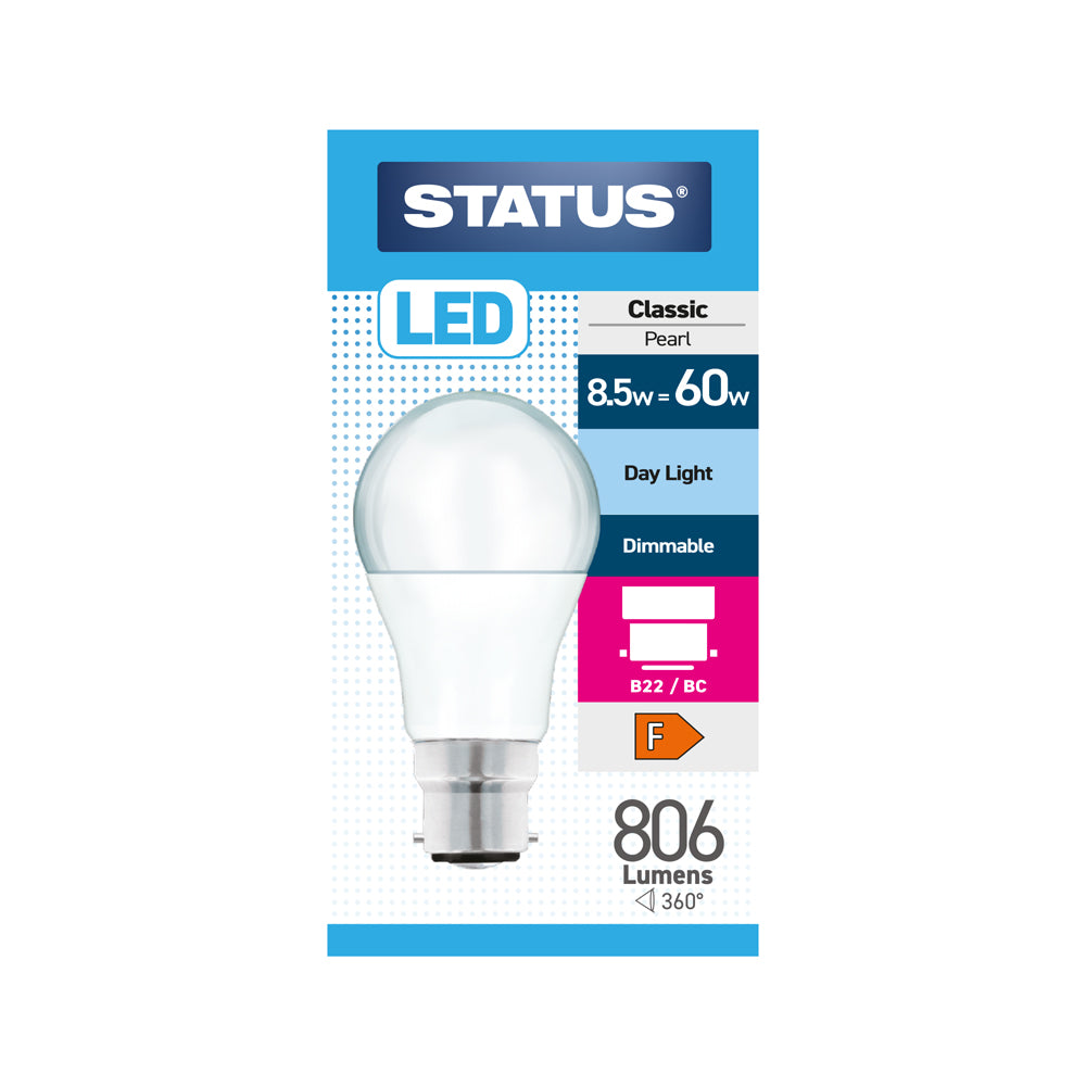 8.5w = 60w = 806 lumens - Dimmable LED - GLS - B22 - PA - Pearl - Day Light - 1 pk box - in White CDU