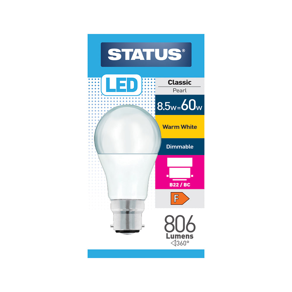 8.5w = 60w = 806 lumens - Dimmable LED - GLS - B22 - PA - Pearl - Warm White - 1 pk box - in White CDU
