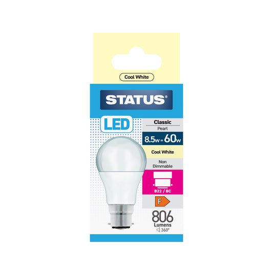 8.5w = 60w = 806 lumens - LED - A60 GLS - B22 - PA - Pearl - Cool White - 1 pk box - in White CDU