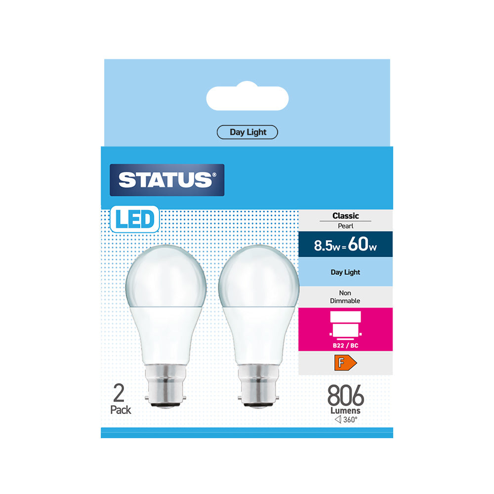 8.5w = 60w = 806 lumens - LED - A60 GLS - B22 - PA - Pearl - Day Light - 2 pk box - in White CDU