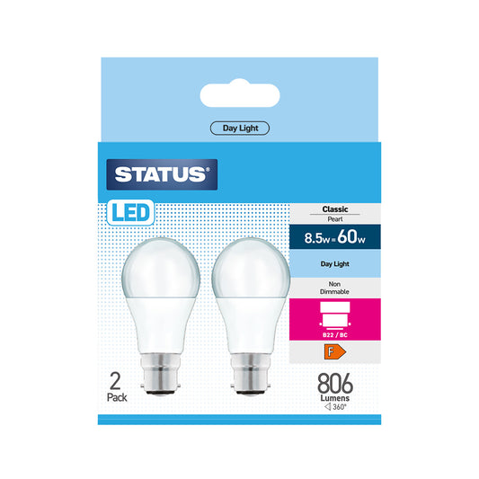 8.5w = 60w = 806 lumens - LED - A60 GLS - B22 - PA - Pearl - Day Light - 2 pk box - in White CDU