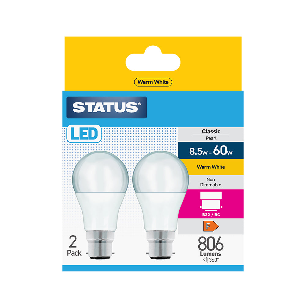 8.5w = 60w = 806 lumens - LED - A60 GLS - B22 - PA - Pearl - Warm White - 2 pk box - in White CDU