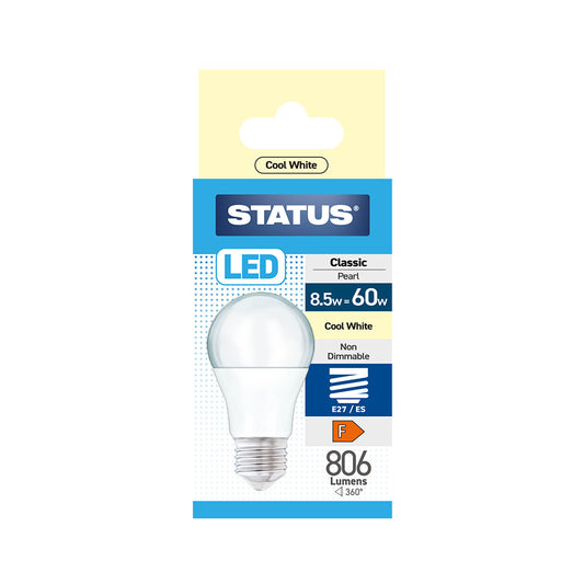 8.5w = 60w = 806 lumens - LED - A60 GLS - E27 - PA - Pearl - Cool White - 1 pk box - in White CDU