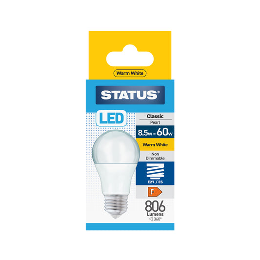 8.5w = 60w = 806 lumens - LED - A60 GLS - E27 - PA - Pearl - Warm White - 1 pk box - in White CDU