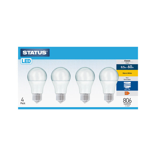 8.5w = 60w = 806 lumens - LED - A60 GLS - E27 - PA - Pearl - Warm White - 4 pk box - in Brown Box