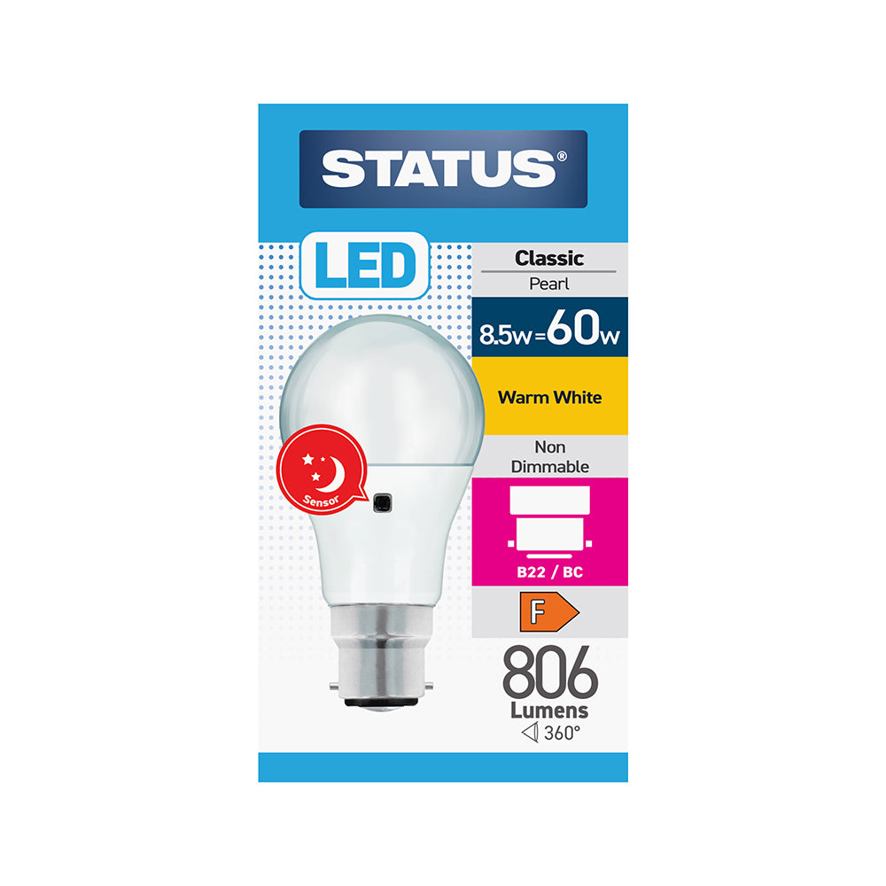 8.5w = 60w = 806 lumens - Sensor LED - GLS - B22 - PA - Pearl - Warm White - 1 pk box - in White CDU