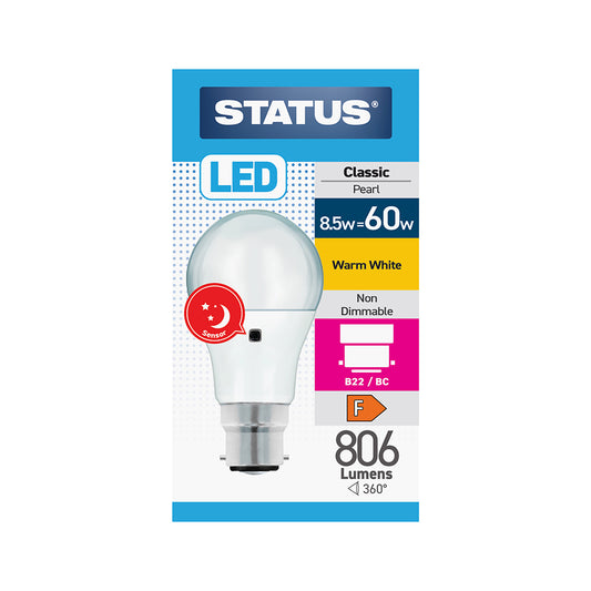 8.5w = 60w = 806 lumens - Sensor LED - GLS - B22 - PA - Pearl - Warm White - 1 pk box - in White CDU
