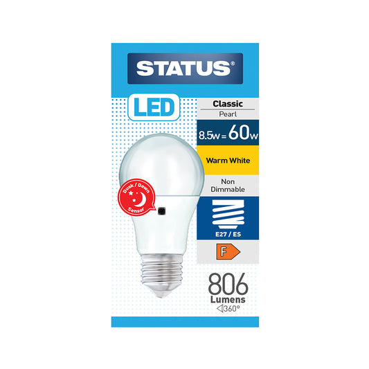 8.5w = 60w = 806 lumens - Sensor LED - GLS - E27 - PA - Pearl - Warm White - 1 pk box - in White CDU