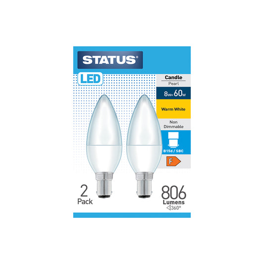 8w = 60w = 806 lumens - LED - Candle - B15 - PA - Pearl - Warm White - 2 pk box - in White CDU