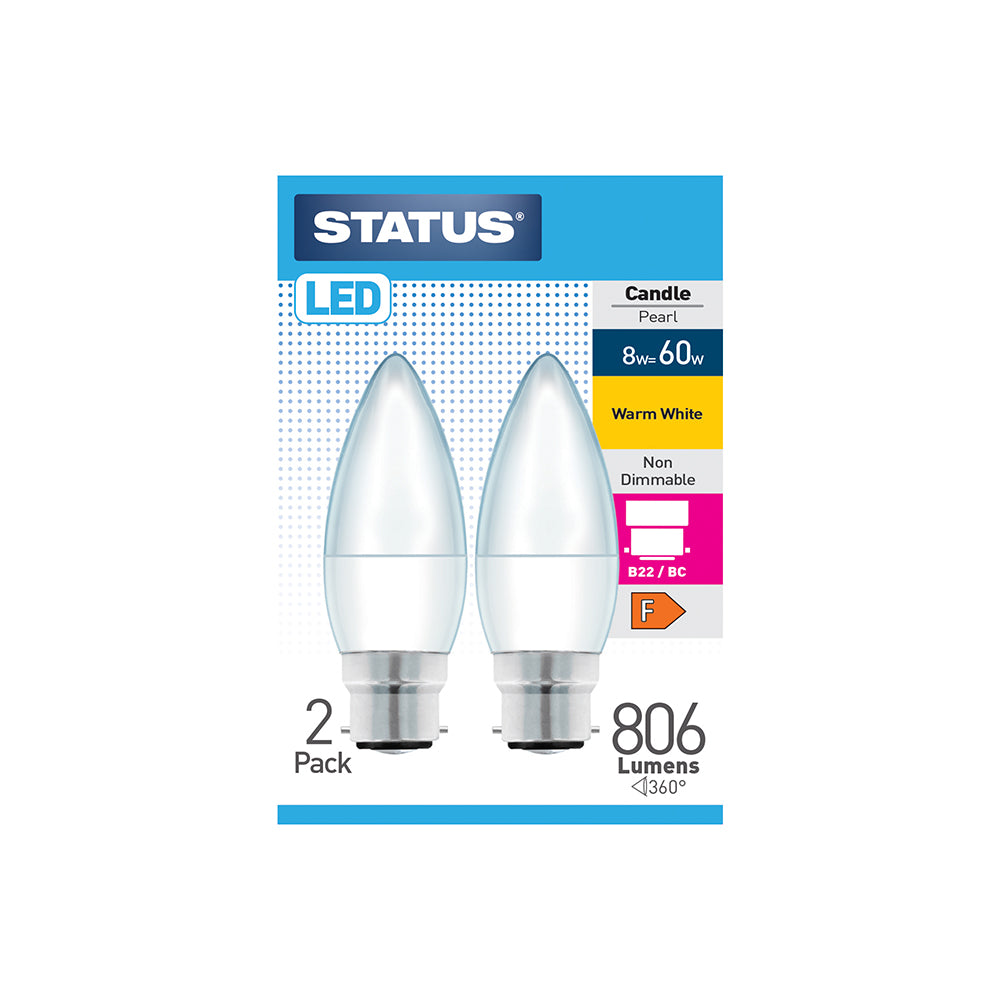 8w = 60w = 806 lumens - LED - Candle - B22 - PA - Pearl - Warm White - 2 pk box - in White CDU