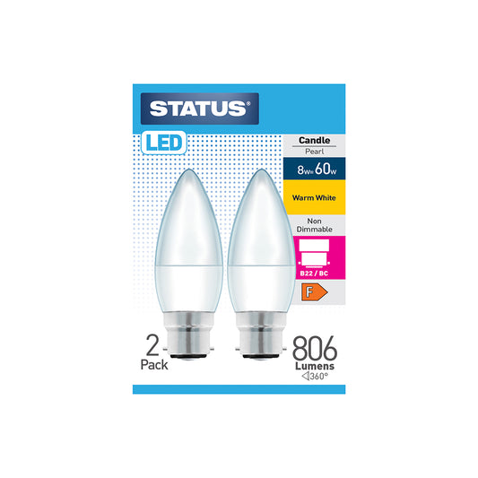 8w = 60w = 806 lumens - LED - Candle - B22 - PA - Pearl - Warm White - 2 pk box - in White CDU