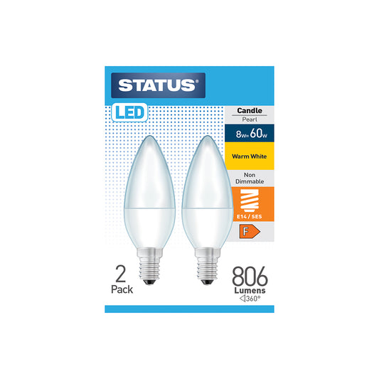 8w = 60w = 806 lumens - LED - Candle - E14 - PA - Pearl - Warm White - 2 pk box - in White CDU