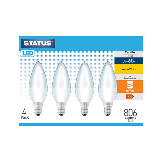 8w = 60w = 806 lumens - LED - Candle - E14 - PA - Pearl - Warm White - 4 pk box - in Brown Box