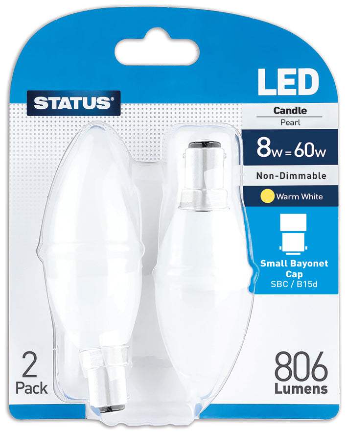8w = 60w = 806 lumens - LED - Candle - SES - PA - Pearl - Warm White - 2 pk - in a Trapped Blister