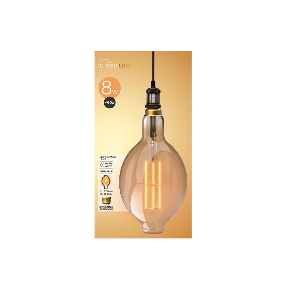 8w = 800 lumens - Crystalite - Antique - BT180 - ES - Amber - LED Filament - 1 pk box