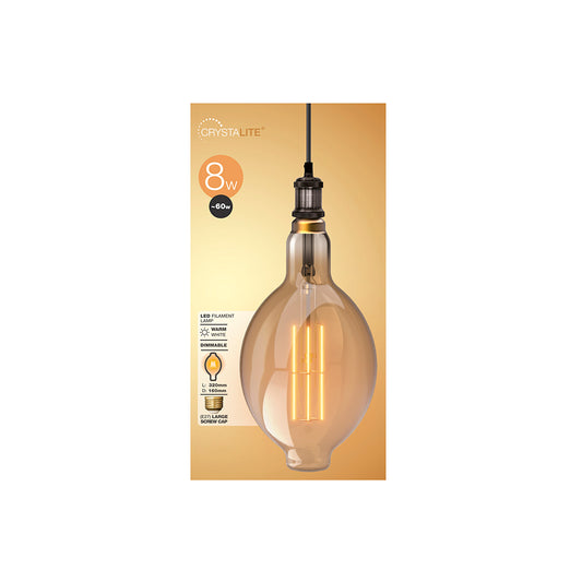 8w = 800 lumens - Crystalite - Antique - BT180 - ES - Amber - LED Filament - 1 pk box