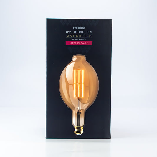8w = 800 lumens - Oasis - Antique - BT180 - ES - Amber - LED Filament - 1 pk box