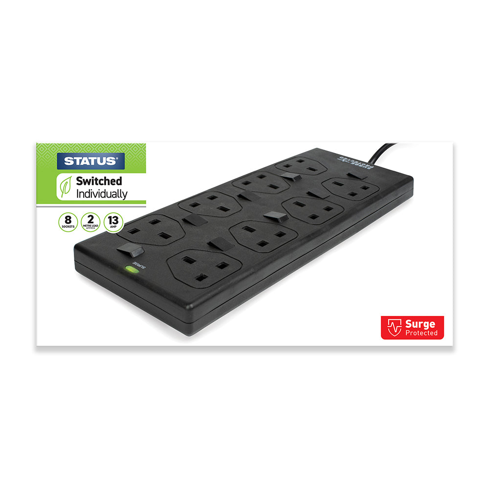 8 way - 2 Mtr - Extension Socket - Individually Switched - Black - Neon Indicator - Plug - Status - 1 pk - in Glossy Retail Box - in Colour CDU