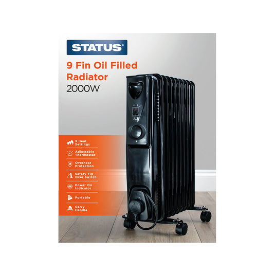 9 Fin - Oil Filled Radiator - 2000w - Black - 3 Heat Settings - with Adjustable Thermostat - 1 pk - in Glossy Retail Box